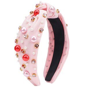 Light Pink Pearl Rhinestone Knotted Headband for Women Valentine’s Day Gift